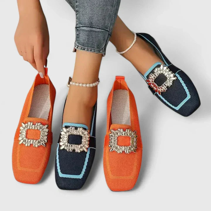 Women's beige cushioned slip-on loafers with almond toe