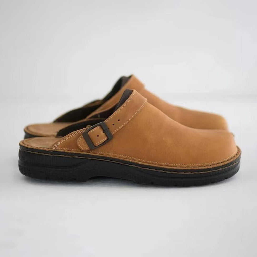 Men's brown faux leather moccasin slippers with non-slip sole