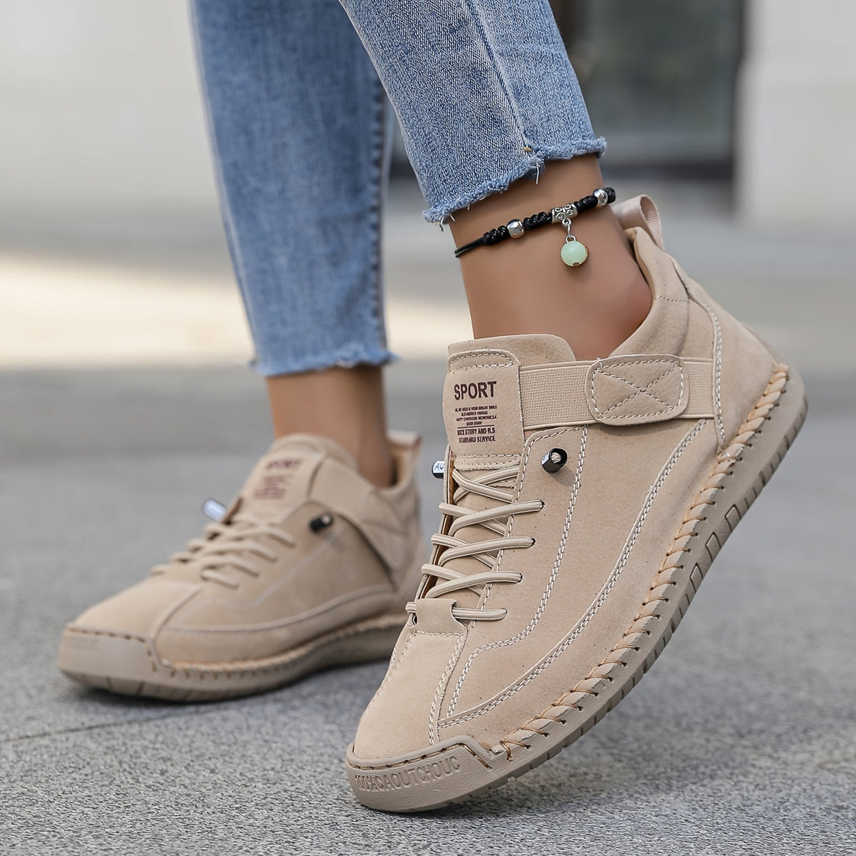 Women's beige comfort sneakers with adjustable strap and breathable upper