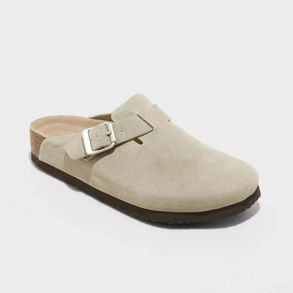 Taupe cushioned comfort slides with contoured ergonomic footbed