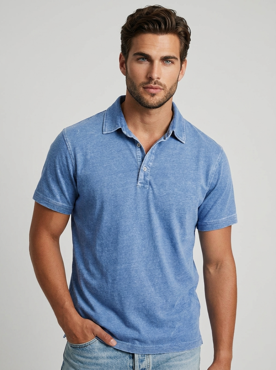 Men's blue casual polo shirt with vintage wash finish