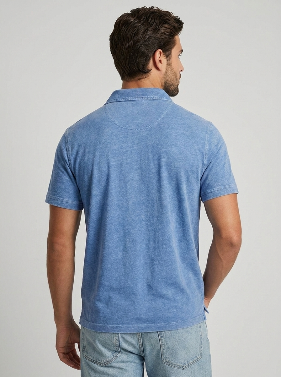Men's blue casual polo shirt with vintage wash finish