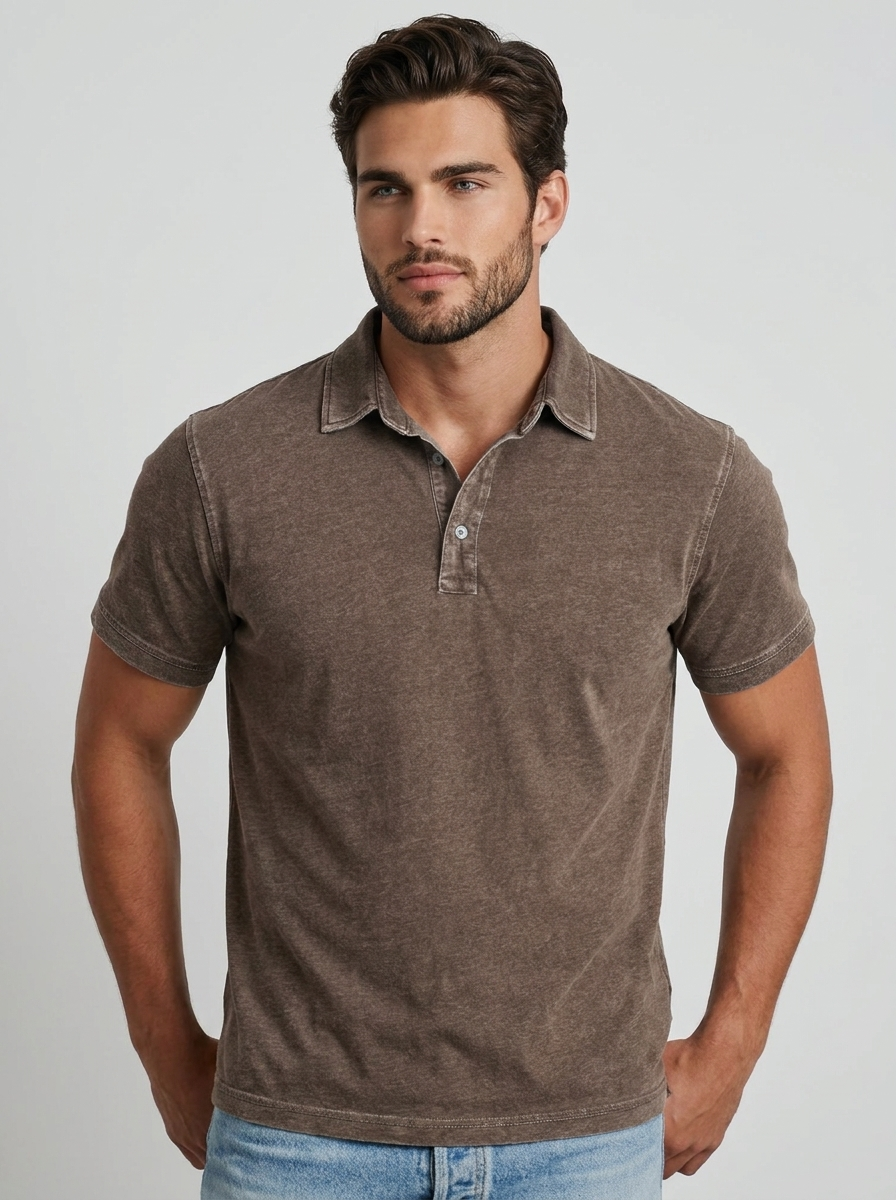 Men's green casual polo shirt with vintage wash finish