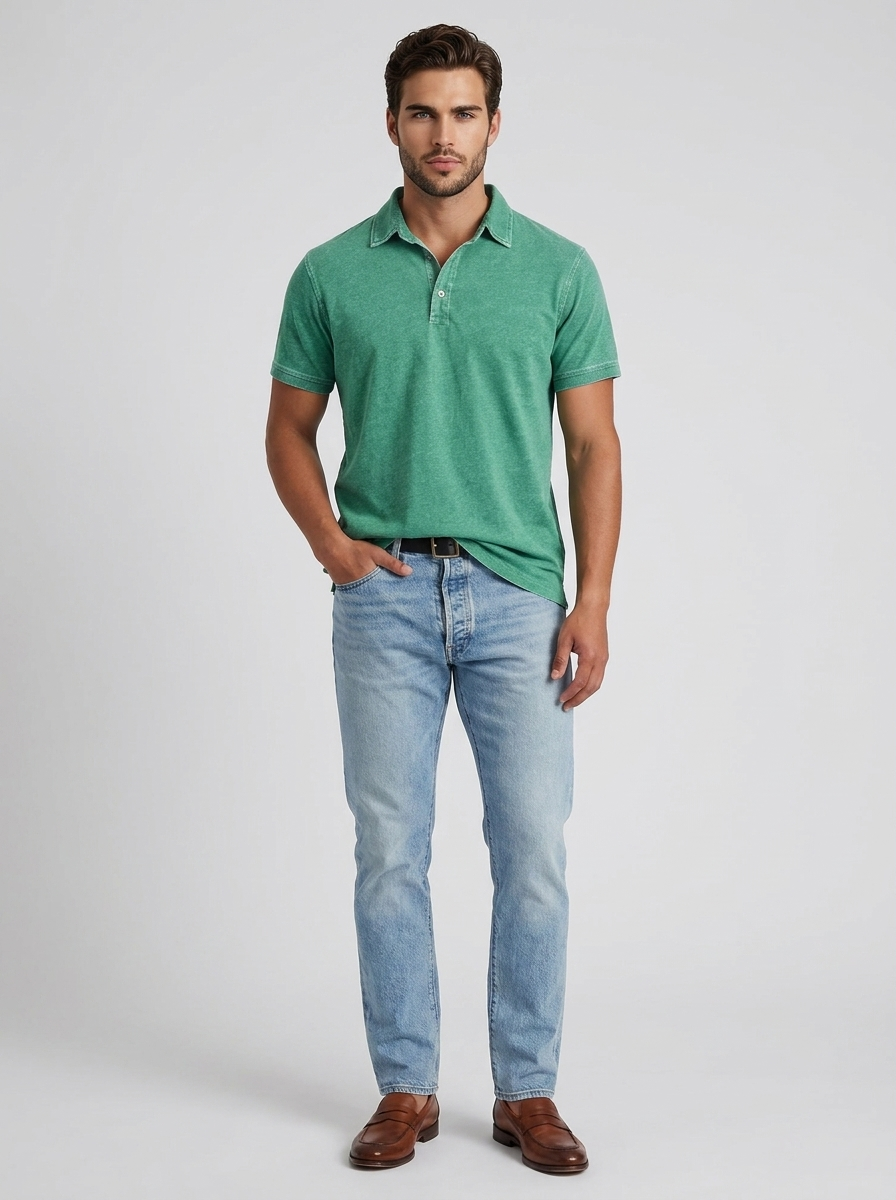 Men's blue casual polo shirt with vintage wash finish