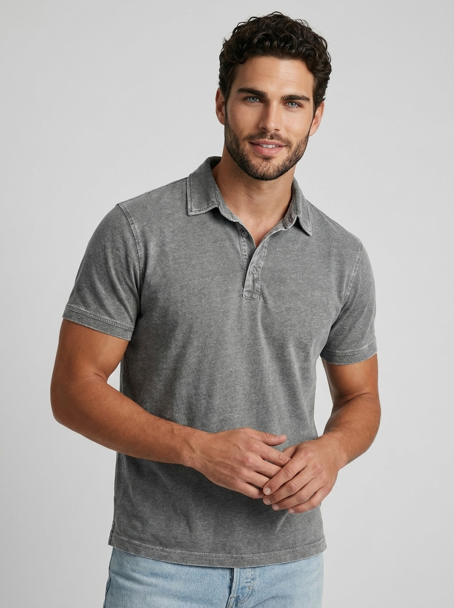 Men's blue casual polo shirt with vintage wash finish