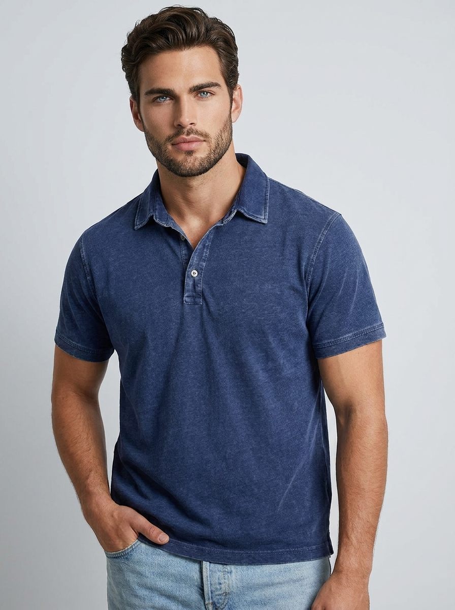 Men's green casual polo shirt with vintage wash finish