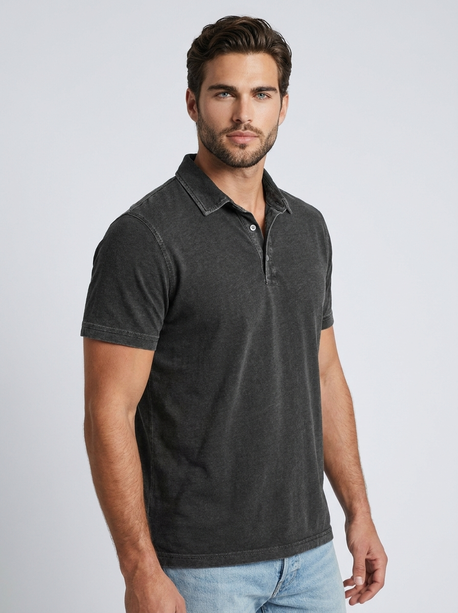 Men's green casual polo shirt with vintage wash finish