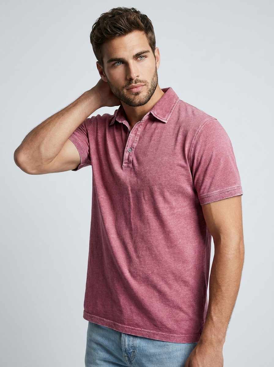 Men's green casual polo shirt with vintage wash finish