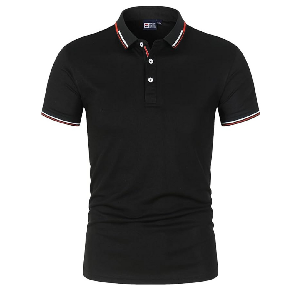 Men's black cotton polo shirt with contrast trim and ribbed collar