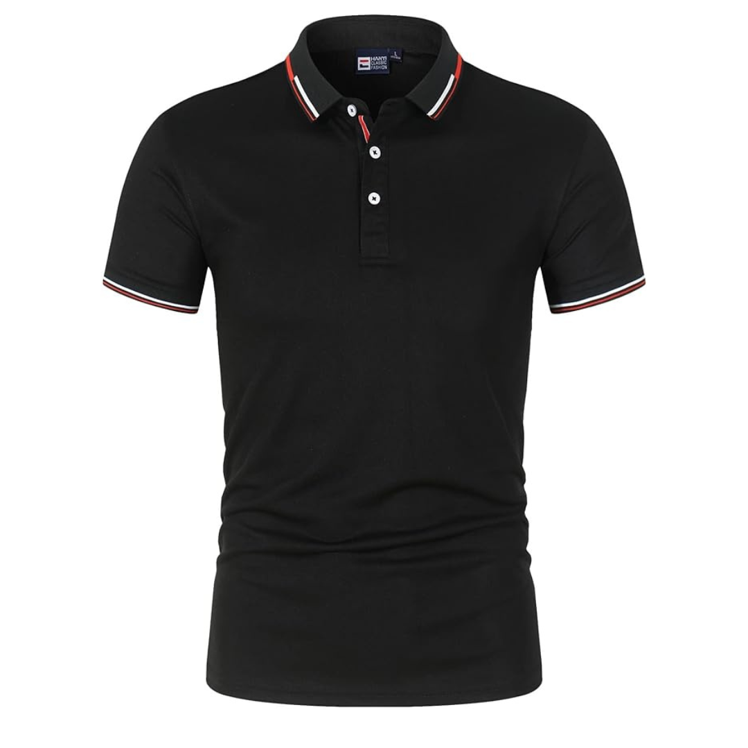 Men's black cotton polo shirt with contrast trim and ribbed collar