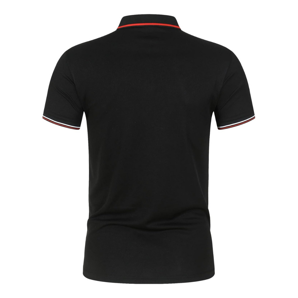 Men's black cotton polo shirt with contrast trim and ribbed collar