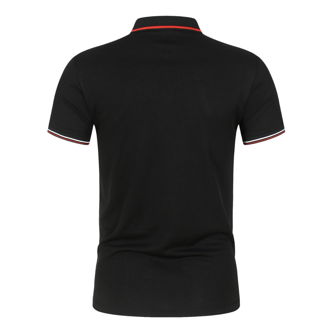 Men's black cotton polo shirt with contrast trim and ribbed collar