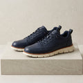 Men's midnight navy leather look casual sneakers with lace-up front