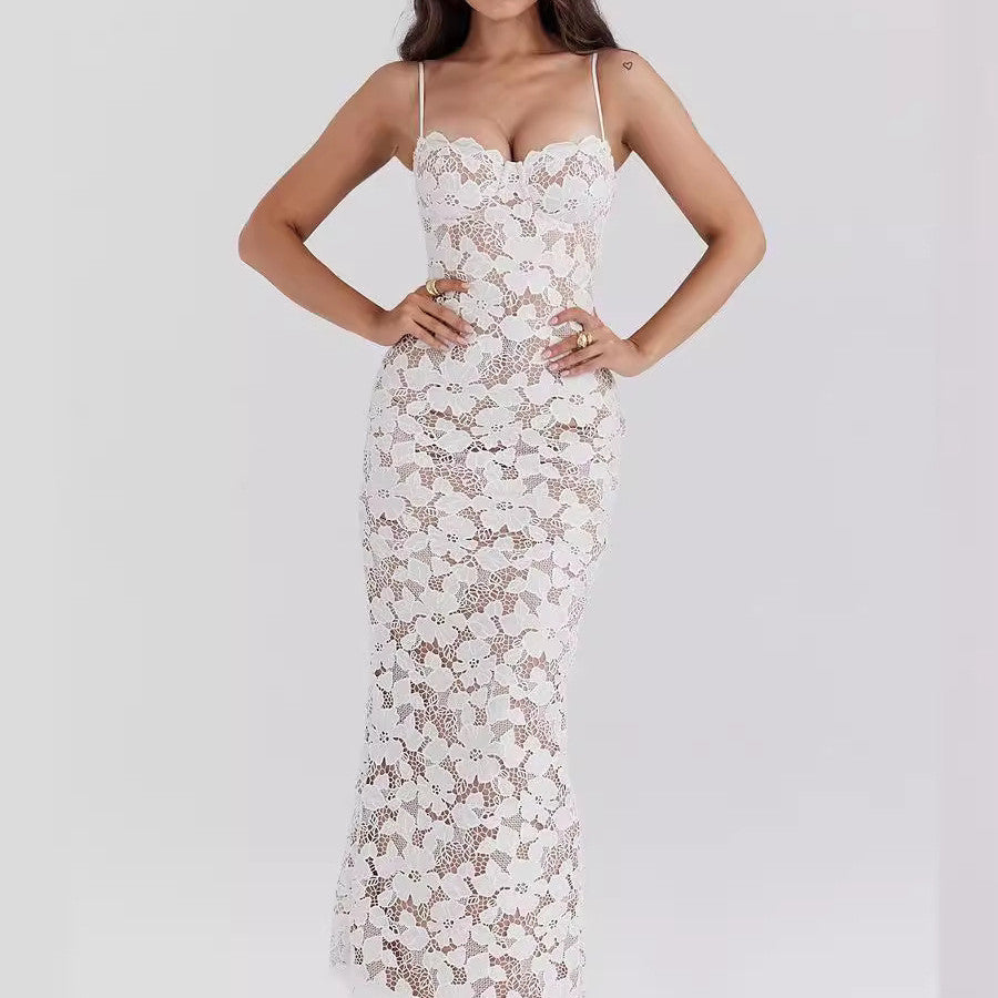 Women's white lace maxi dress with semi-sheer flowing skirt