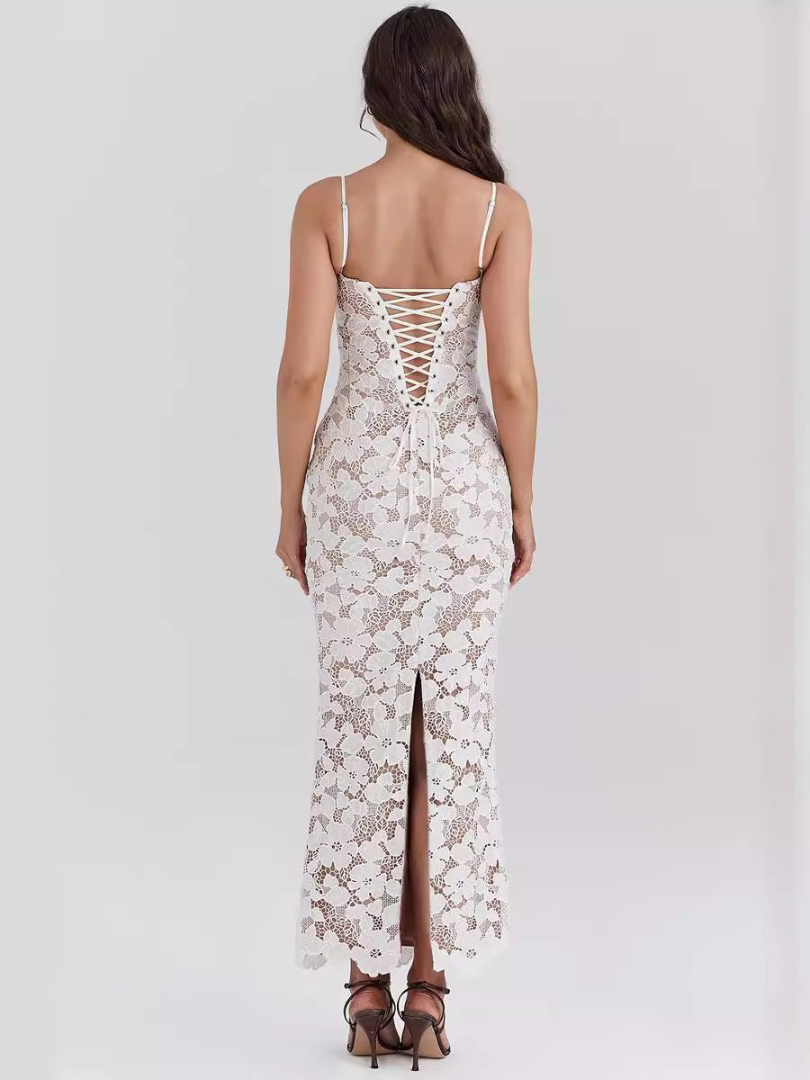 Women's white lace maxi dress with semi-sheer flowing skirt