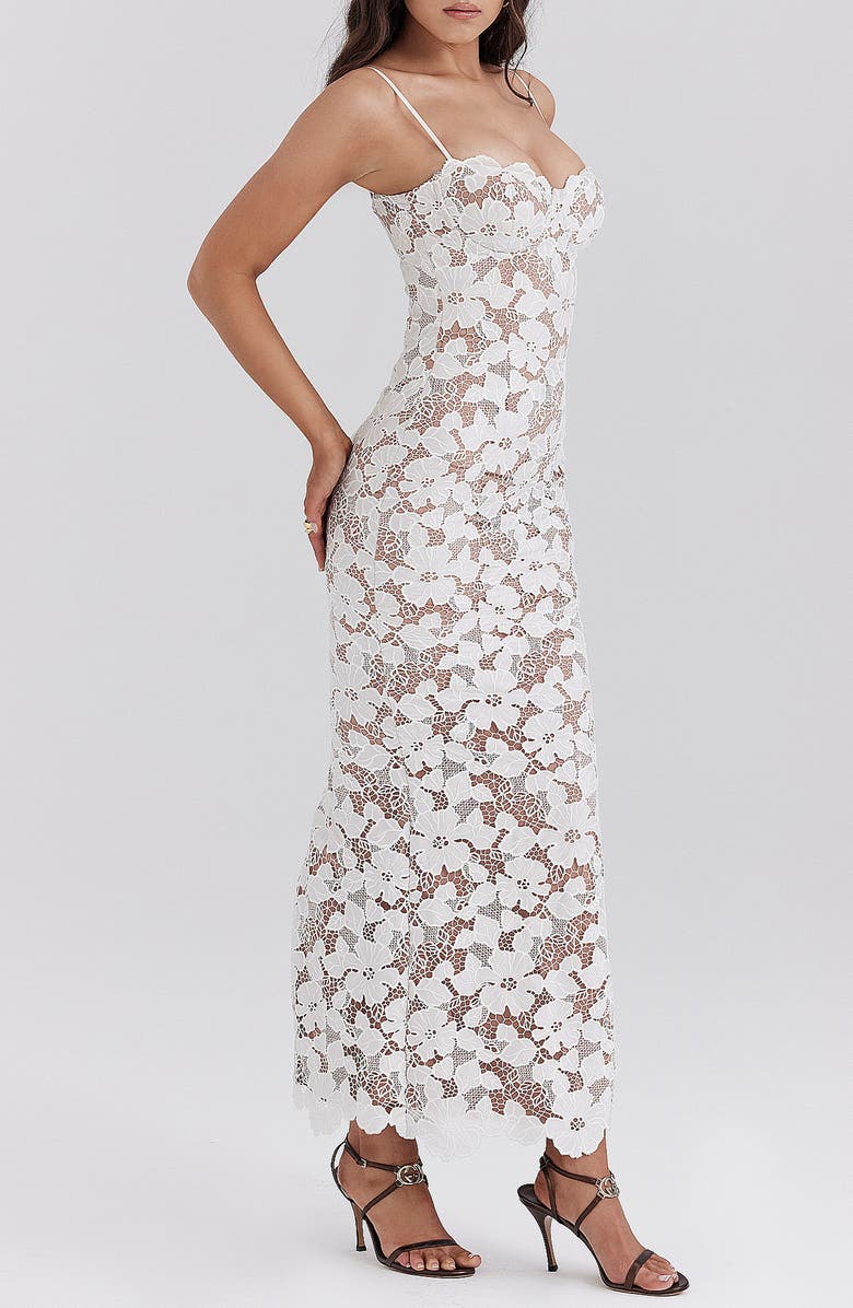 Women's white lace maxi dress with semi-sheer flowing skirt