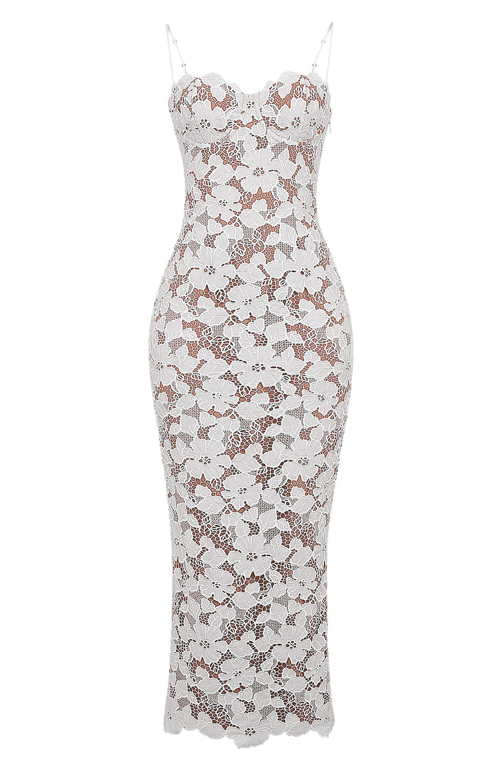 Women's white lace maxi dress with semi-sheer flowing skirt