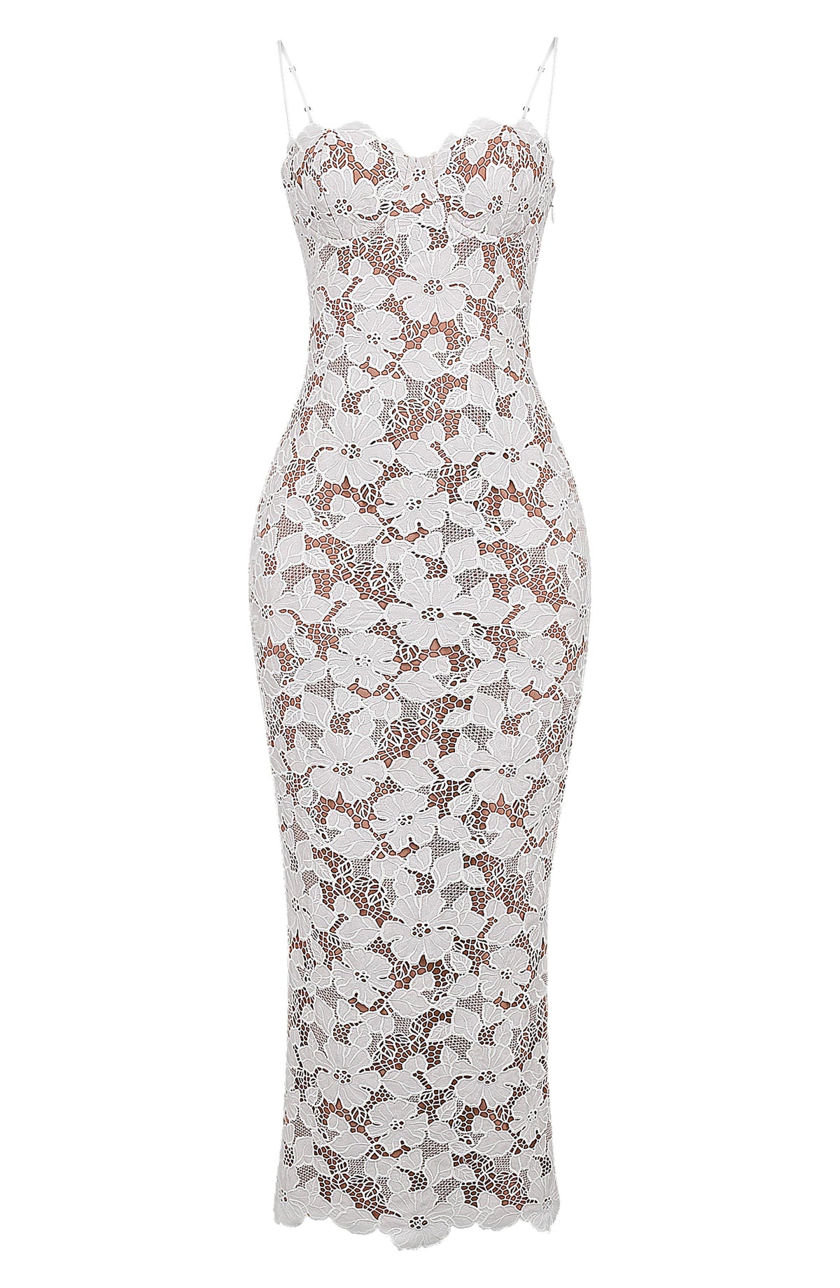 Women's white lace maxi dress with semi-sheer flowing skirt