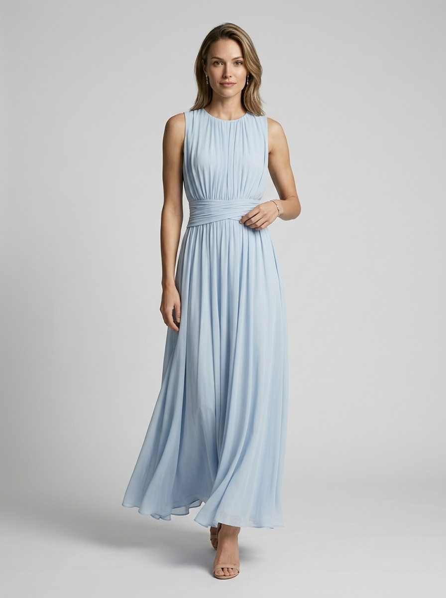 Women's light blue flowing sleeveless maxi dress with defined waist
