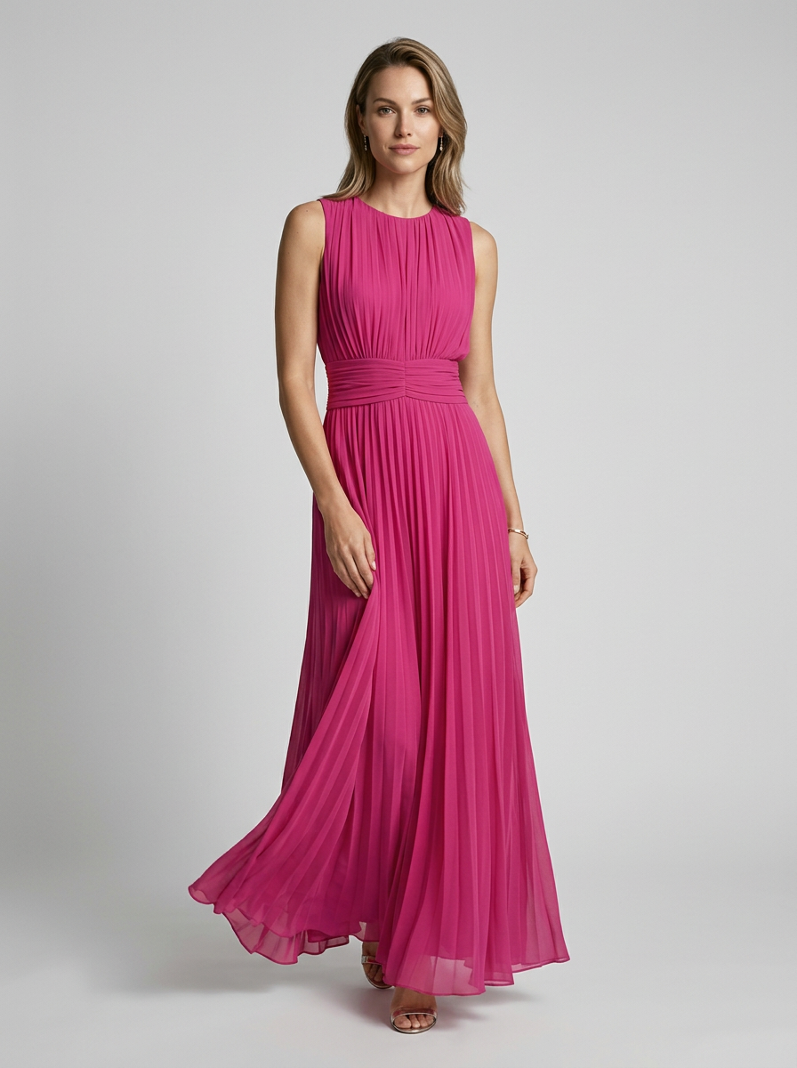 Women's light blue flowing sleeveless maxi dress with defined waist