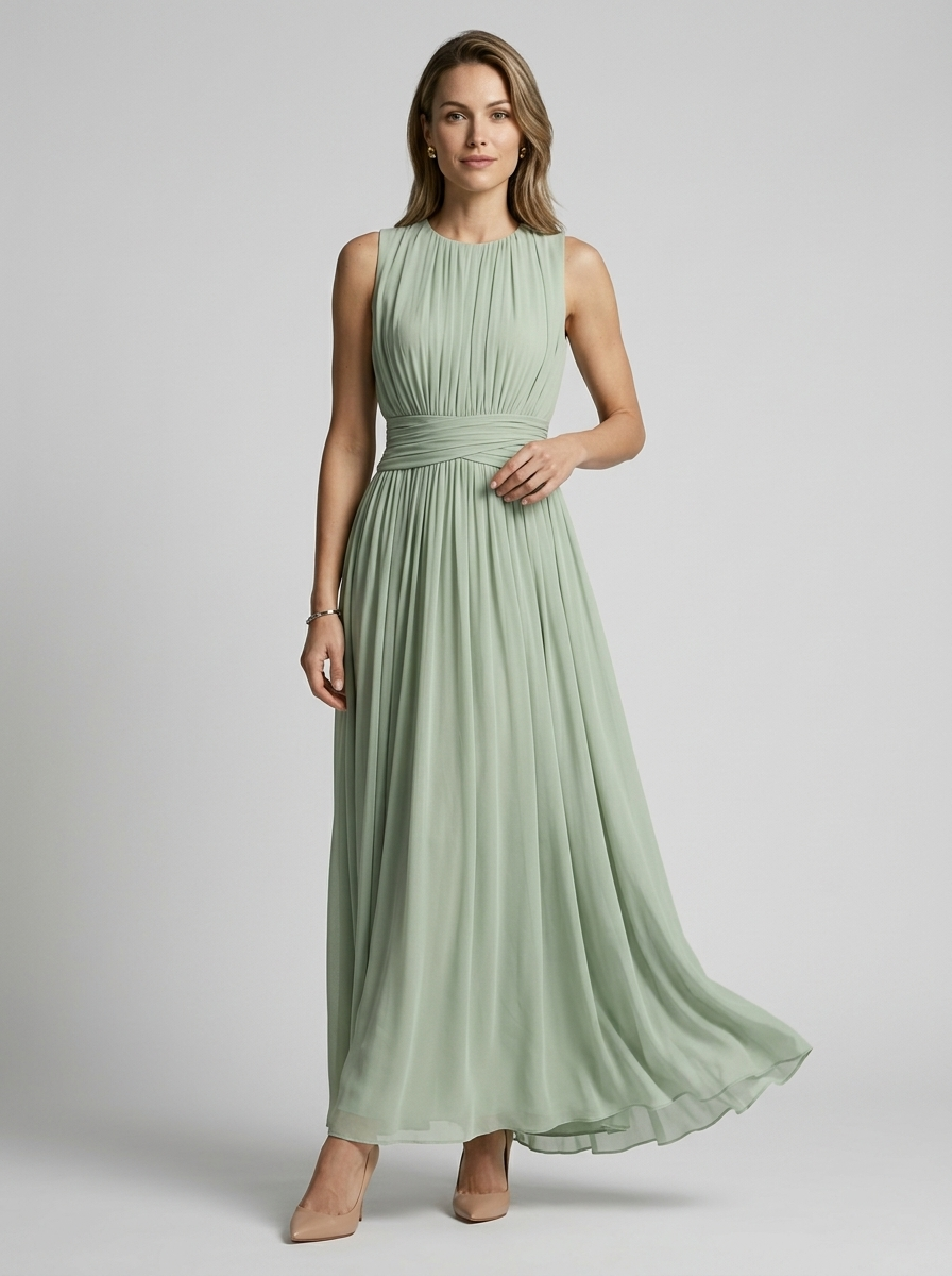 Women's light blue flowing sleeveless maxi dress with defined waist