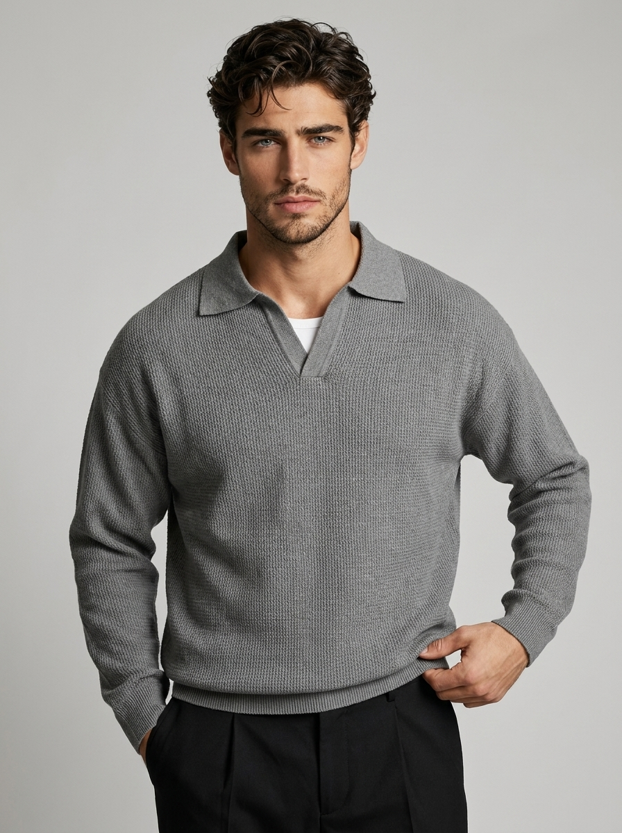 Men's grey long sleeve knitted polo shirt with ribbed collar