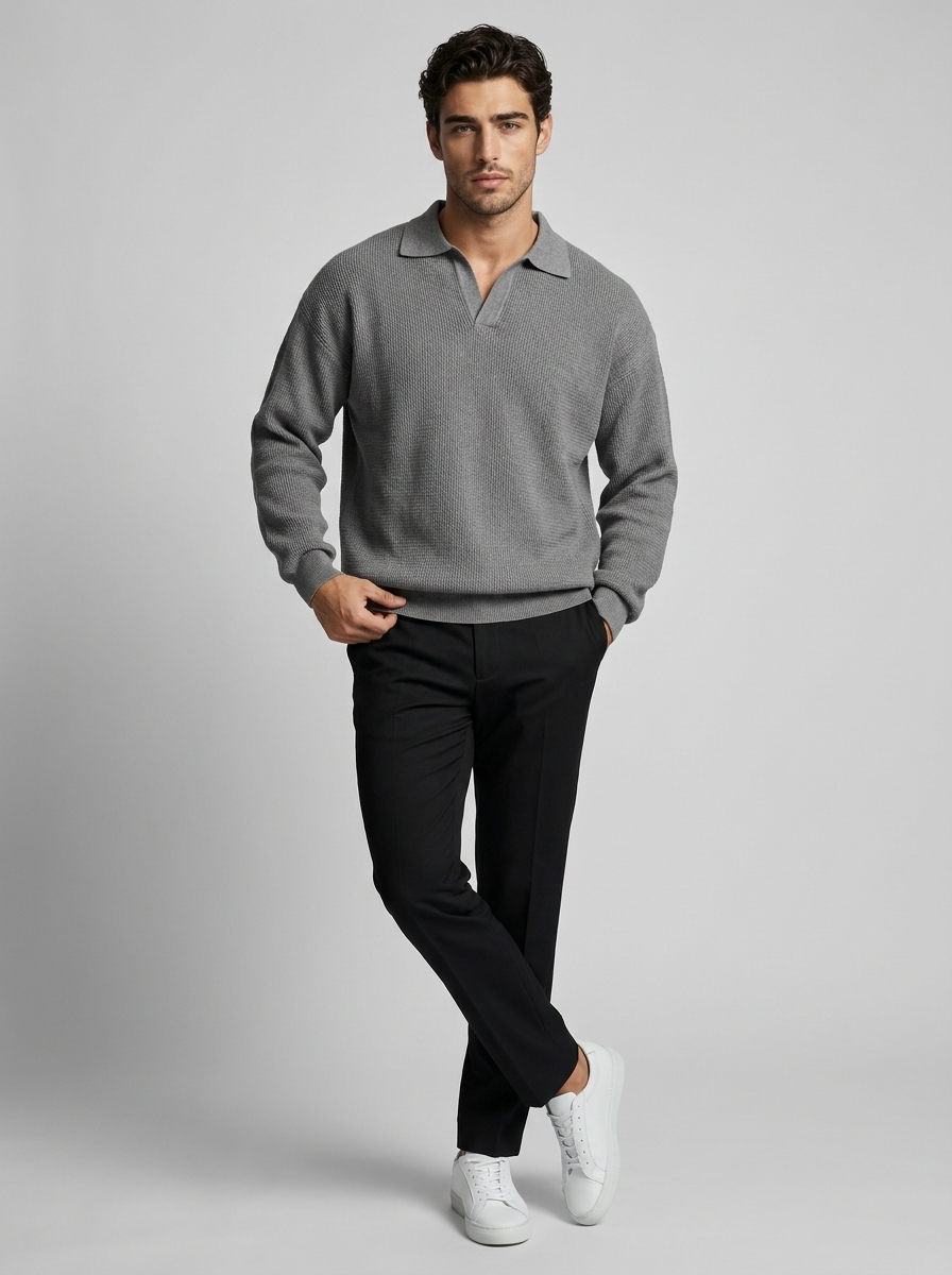 Men's grey long sleeve knitted polo shirt with ribbed collar
