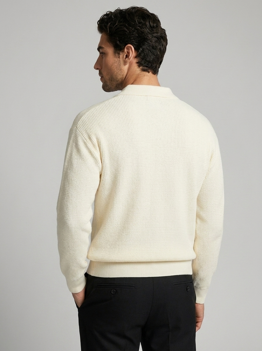 Men's grey long sleeve knitted polo shirt with ribbed collar