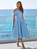 Women's sky blue off-shoulder midi dress with flared skirt