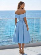 Women's sky blue off-shoulder midi dress with flared skirt