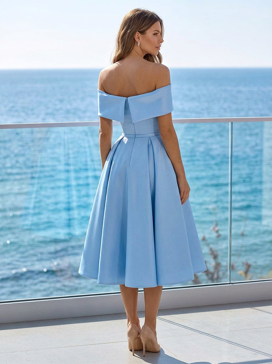 Women's sky blue off-shoulder midi dress with flared skirt