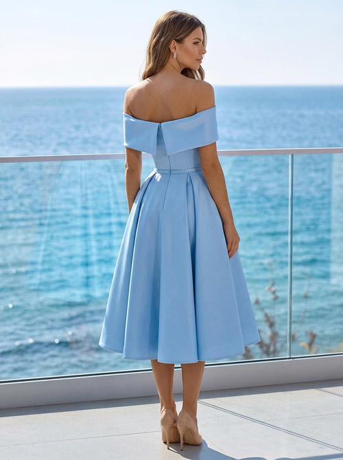 Women's sky blue off-shoulder midi dress with flared skirt