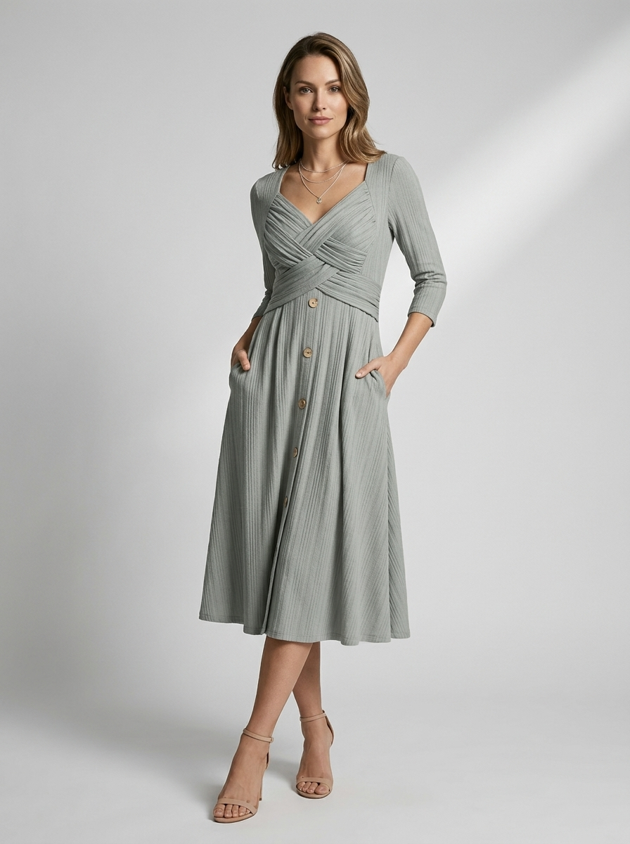 Women's grey a-line dress with cross detail bodice