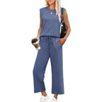 Women's blue sleeveless lounge set with matching top and bottoms