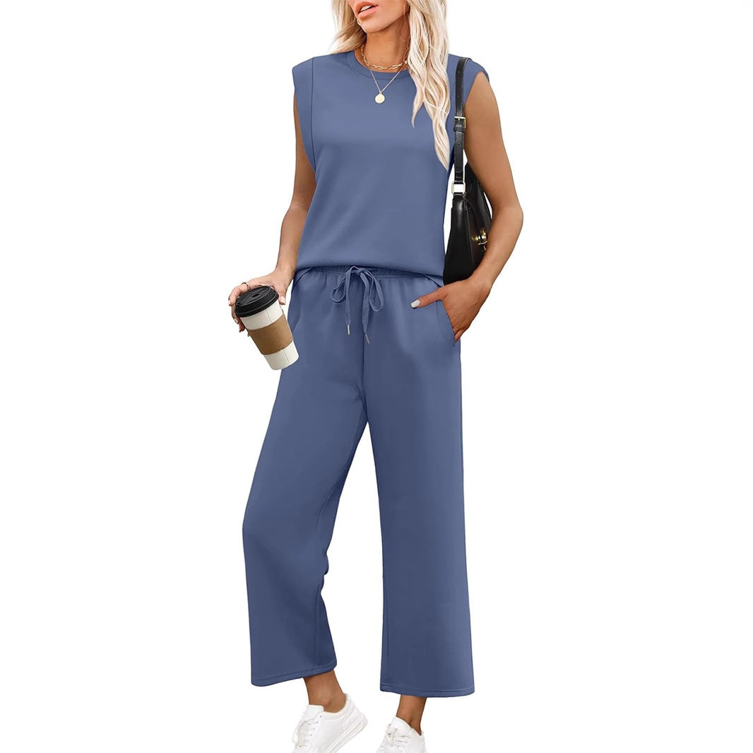 Women's blue sleeveless lounge set with matching top and bottoms