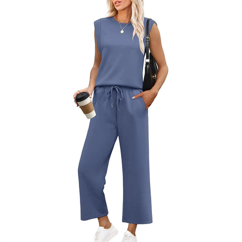 Women's blue sleeveless lounge set with matching top and bottoms