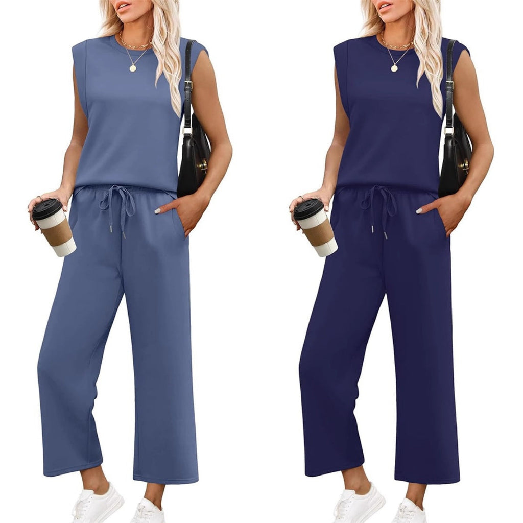 Women's blue sleeveless lounge set with matching top and bottoms