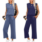 Women's blue sleeveless lounge set with matching top and bottoms