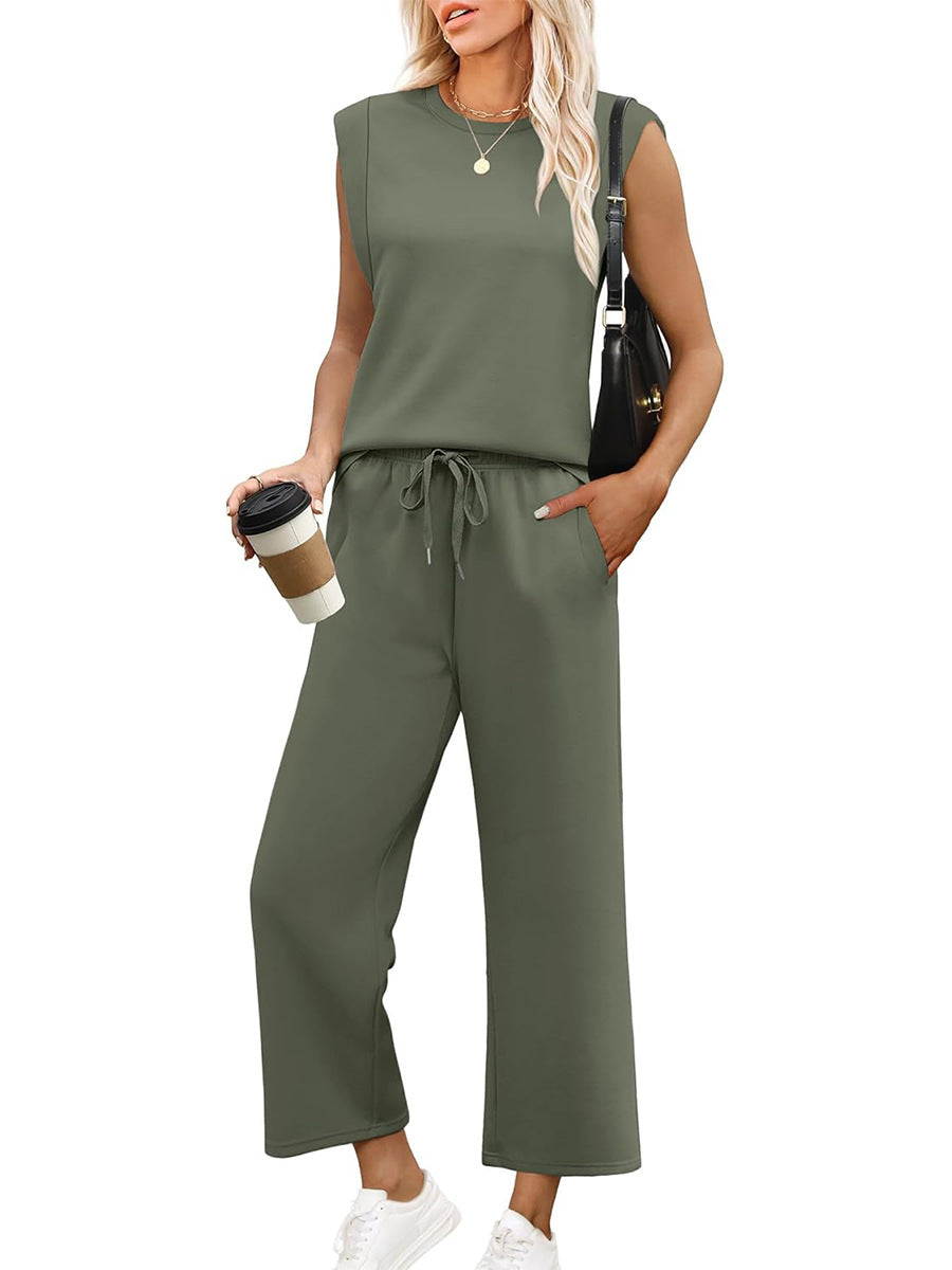 Women's black sleeveless lounge set with matching top and bottoms