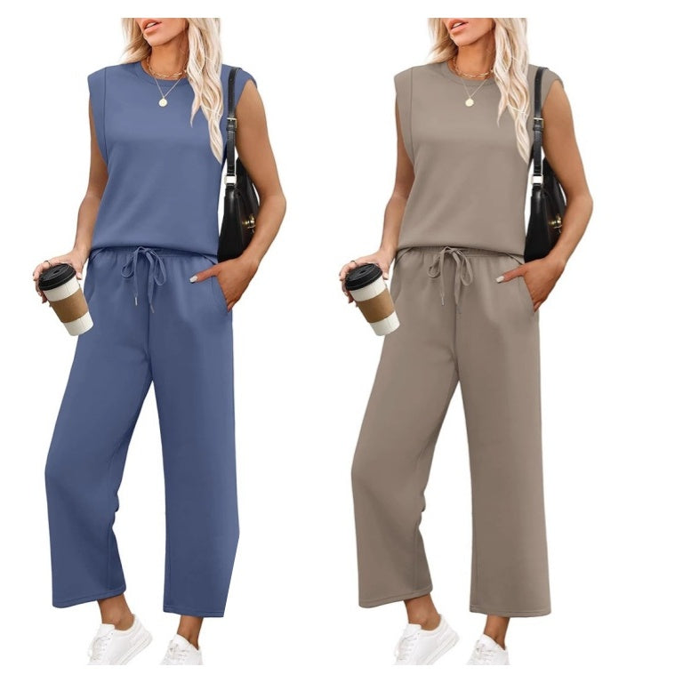 Women's black sleeveless lounge set with matching top and bottoms
