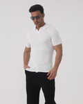 Men's white ribbed polo shirt with textured knit and classic collar