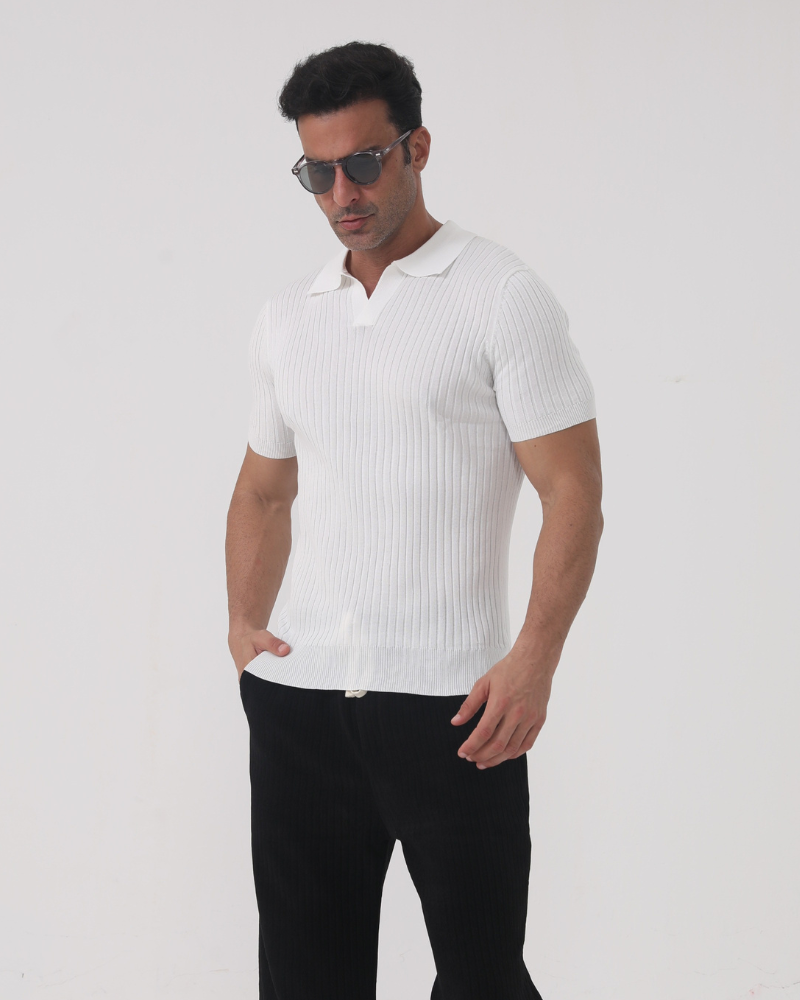 Men's white ribbed polo shirt with textured knit and classic collar