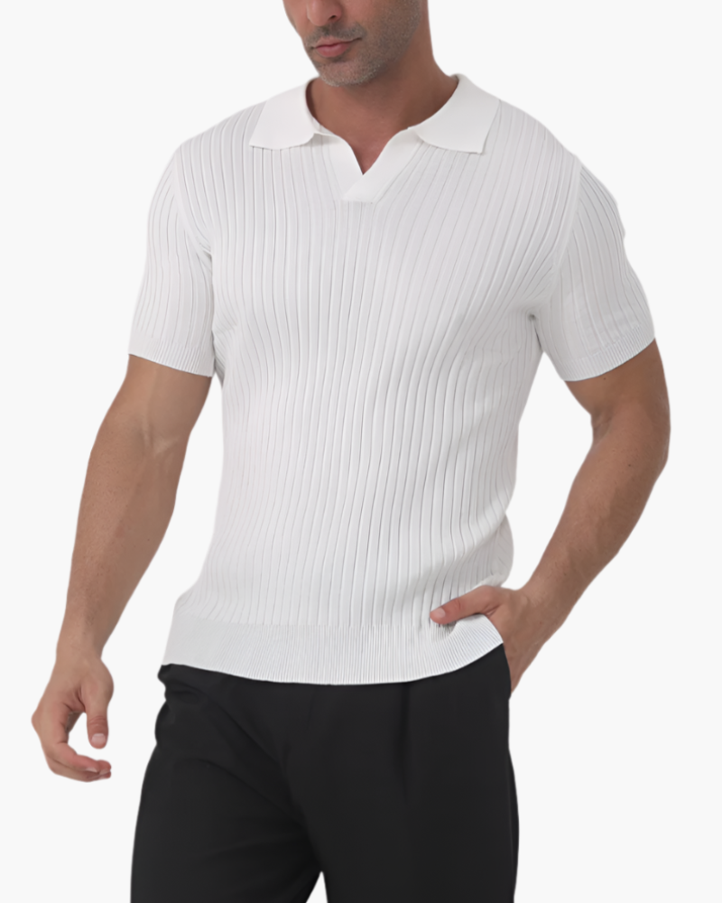 Men's white ribbed polo shirt with textured knit and classic collar