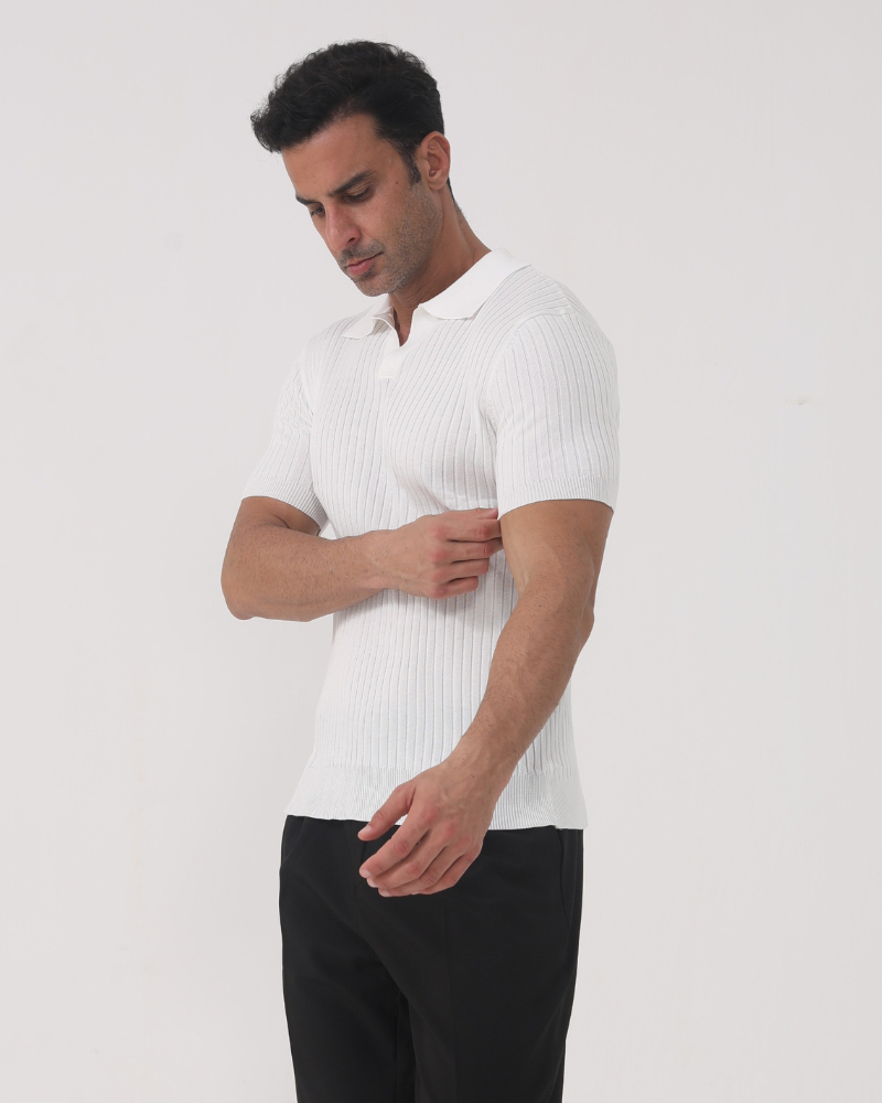 Men's white ribbed polo shirt with textured knit and classic collar