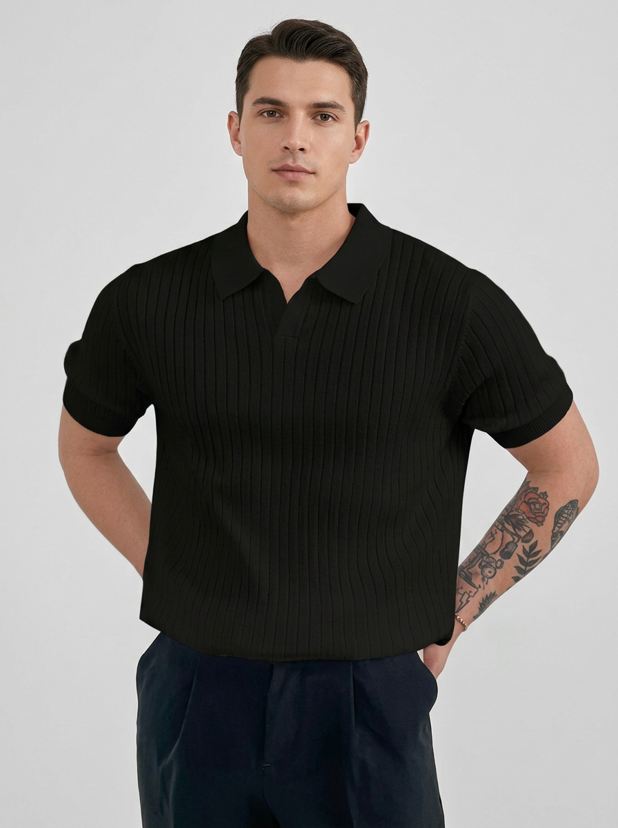 Men's black ribbed polo shirt with textured knit and classic collar