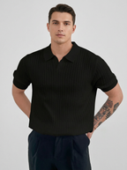 Men's black ribbed polo shirt with textured knit and classic collar