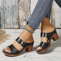 Women's black cushioned block heel sandals with woven straps