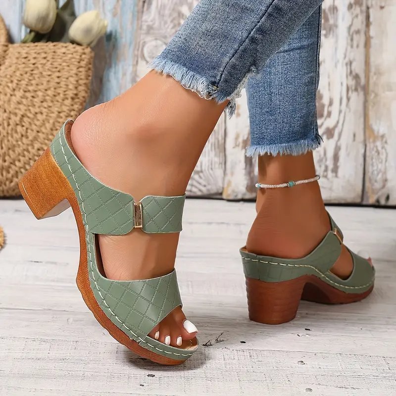 Women's black cushioned block heel sandals with woven straps