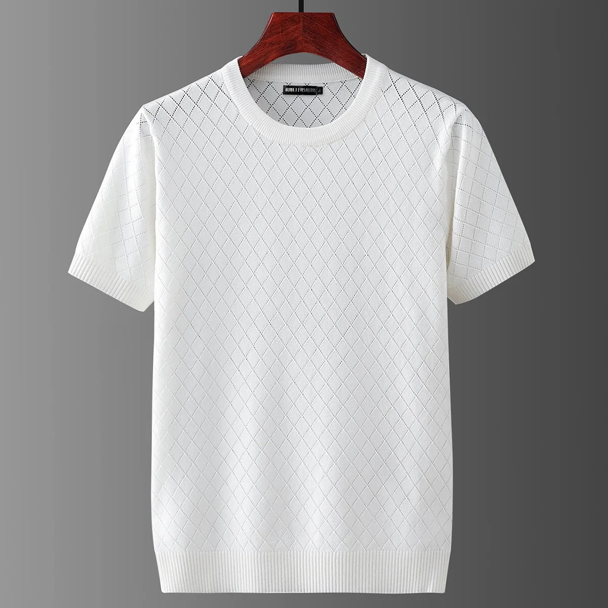 Men's white knitted cotton t-shirt with fine knit texture
