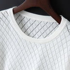 Men's white knitted cotton t-shirt with fine knit texture
